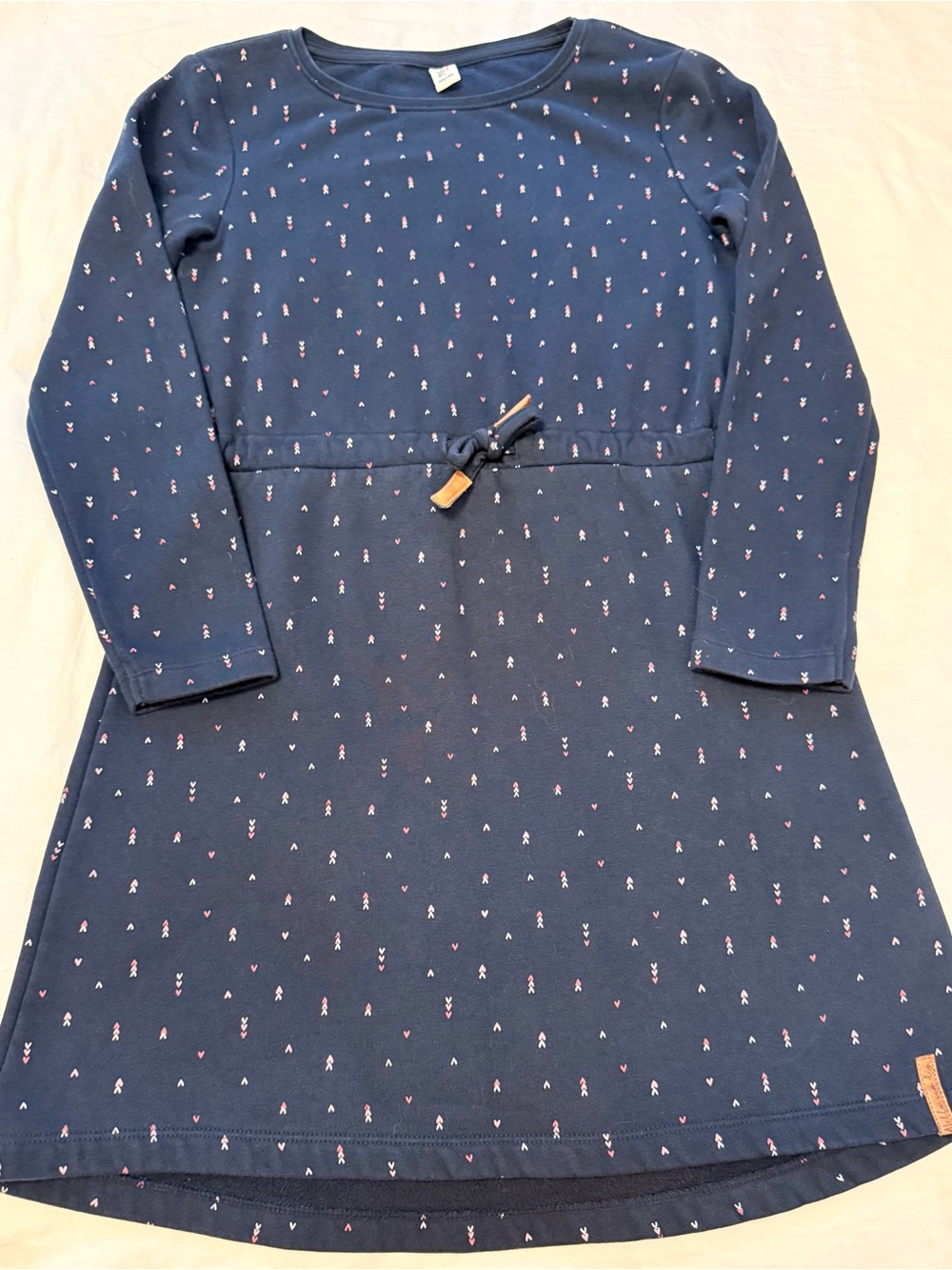 Girls' Navy Long-Sleeve Casual Knit Dress with Tiny Pink Accent Print